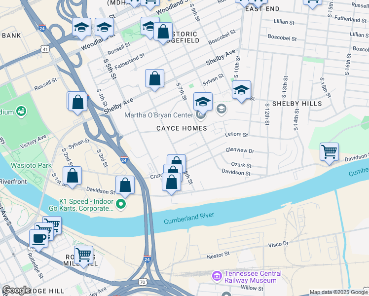 map of restaurants, bars, coffee shops, grocery stores, and more near 600 Dew Street in Nashville