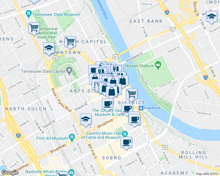 map of restaurants, bars, coffee shops, grocery stores, and more near in Nashville