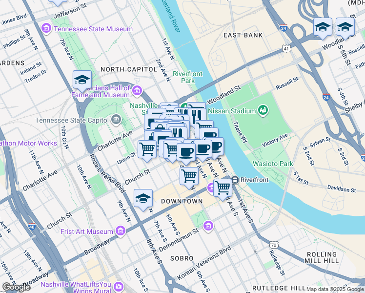 map of restaurants, bars, coffee shops, grocery stores, and more near 218 3rd Avenue North in Nashville