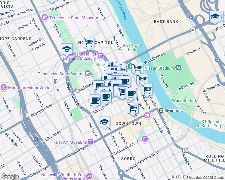 map of restaurants, bars, coffee shops, grocery stores, and more near 414 Union Street in Nashville