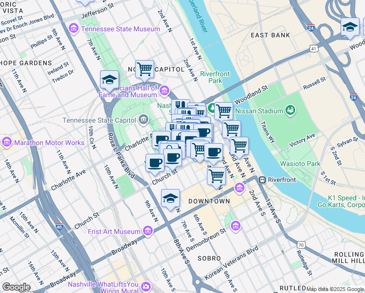 map of restaurants, bars, coffee shops, grocery stores, and more near 414 Union Street in Nashville