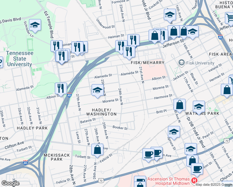map of restaurants, bars, coffee shops, grocery stores, and more near 2402 Eden Street in Nashville