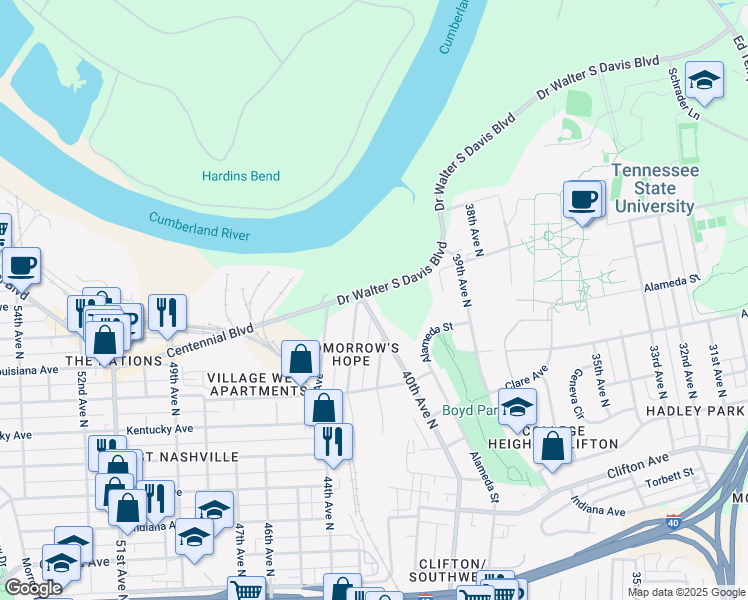 map of restaurants, bars, coffee shops, grocery stores, and more near 1044 40th Avenue North in Nashville