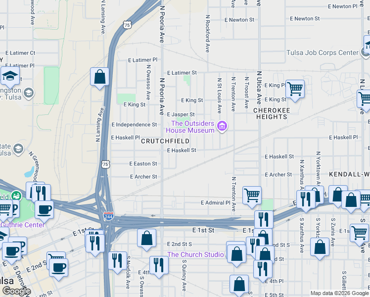 map of restaurants, bars, coffee shops, grocery stores, and more near 719 North Quincy Avenue in Tulsa