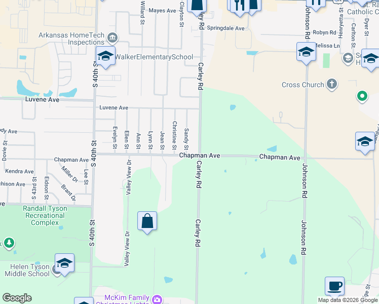 map of restaurants, bars, coffee shops, grocery stores, and more near 2301 Sandy Street in Springdale