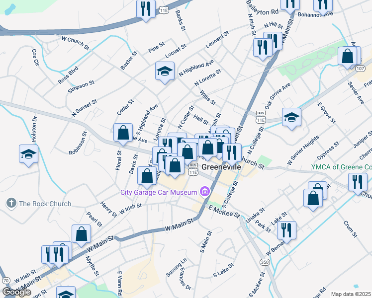 map of restaurants, bars, coffee shops, grocery stores, and more near 220 West Depot Street in Greeneville
