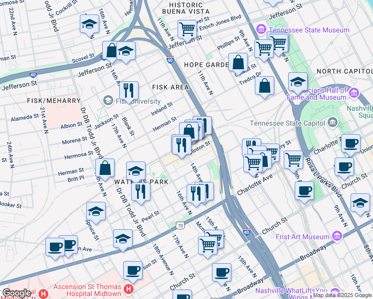 map of restaurants, bars, coffee shops, grocery stores, and more near 1320 Clinton Street in Nashville