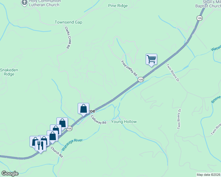 map of restaurants, bars, coffee shops, grocery stores, and more near 287 Peaceful Haven Drive in Boone