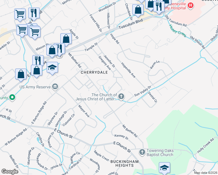 map of restaurants, bars, coffee shops, grocery stores, and more near 102 Hillrise Drive in Greeneville