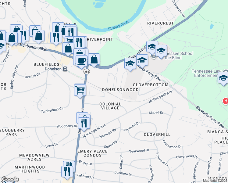 map of restaurants, bars, coffee shops, grocery stores, and more near 124 Donelsonwood Drive in Nashville
