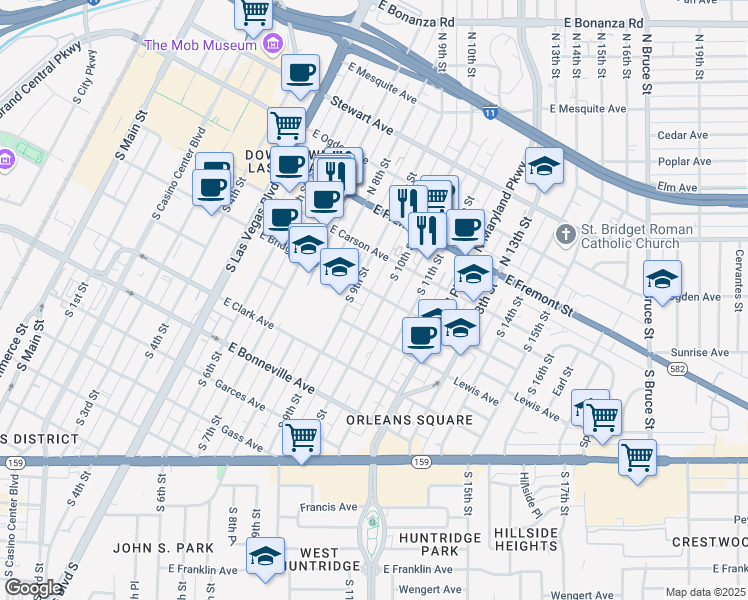 map of restaurants, bars, coffee shops, grocery stores, and more near 912 East Bridger Avenue in Las Vegas