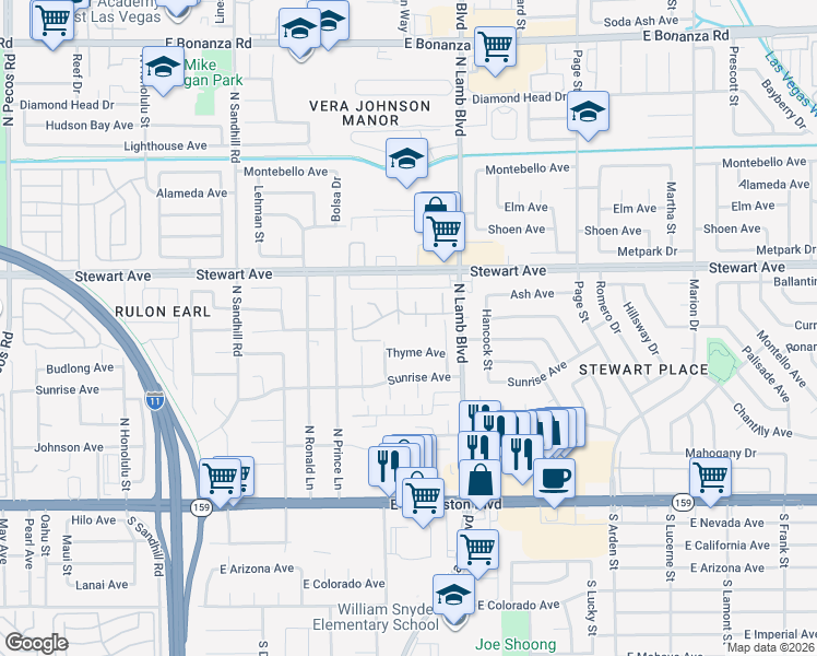 map of restaurants, bars, coffee shops, grocery stores, and more near 211 North Lamb Boulevard in Las Vegas
