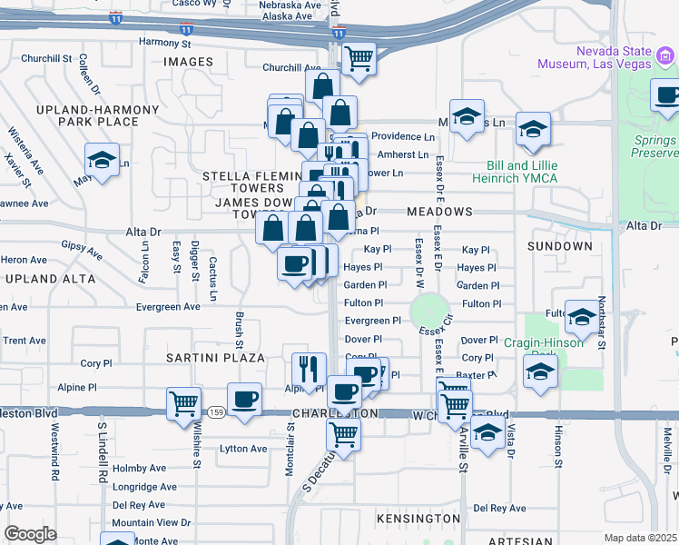 map of restaurants, bars, coffee shops, grocery stores, and more near 601 South Decatur Boulevard in Las Vegas
