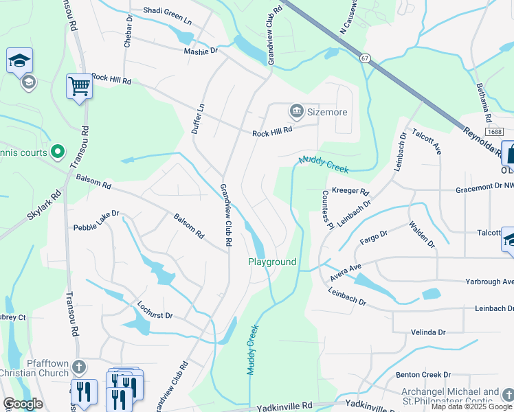 map of restaurants, bars, coffee shops, grocery stores, and more near 4111 Lytham Ln in Pfafftown
