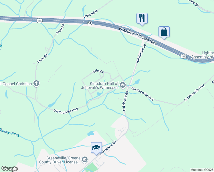 map of restaurants, bars, coffee shops, grocery stores, and more near 87 Lakeview Street in Greeneville