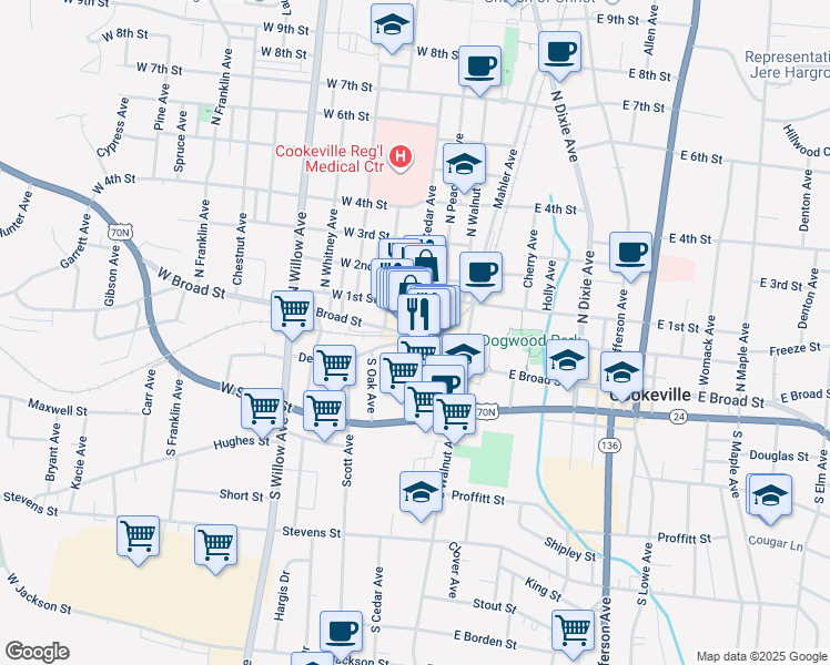 map of restaurants, bars, coffee shops, grocery stores, and more near 46 South Cedar Avenue in Cookeville