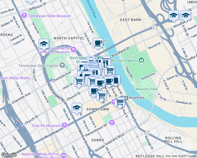 map of restaurants, bars, coffee shops, grocery stores, and more near 218 3rd Avenue North in Nashville