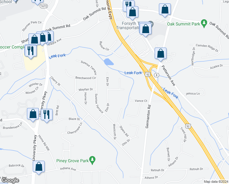 map of restaurants, bars, coffee shops, grocery stores, and more near 305 Mayfair Drive in Winston-Salem