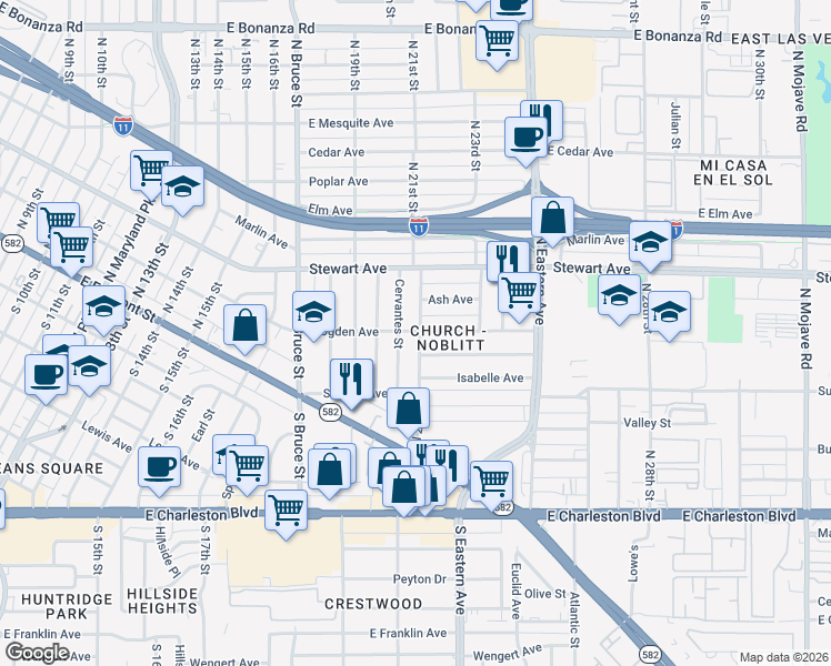 map of restaurants, bars, coffee shops, grocery stores, and more near 209 North 21st Street in Las Vegas