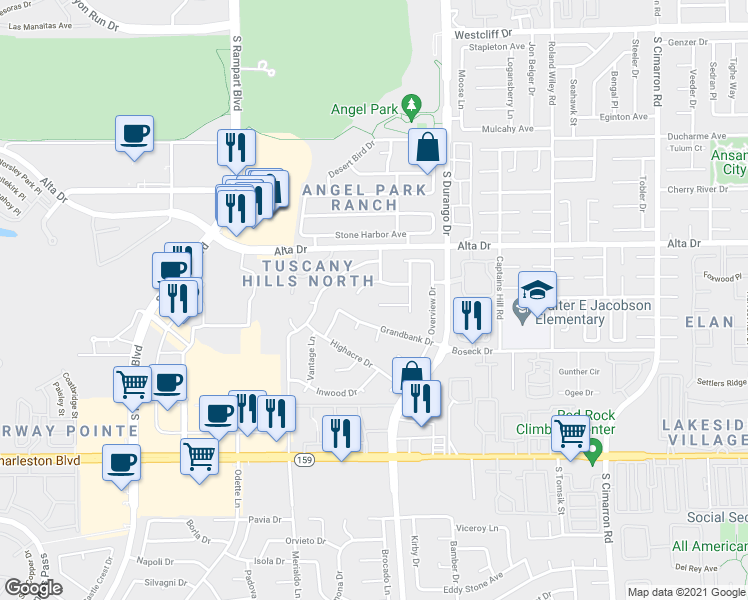 map of restaurants, bars, coffee shops, grocery stores, and more near 8633 Blissville Avenue in Las Vegas