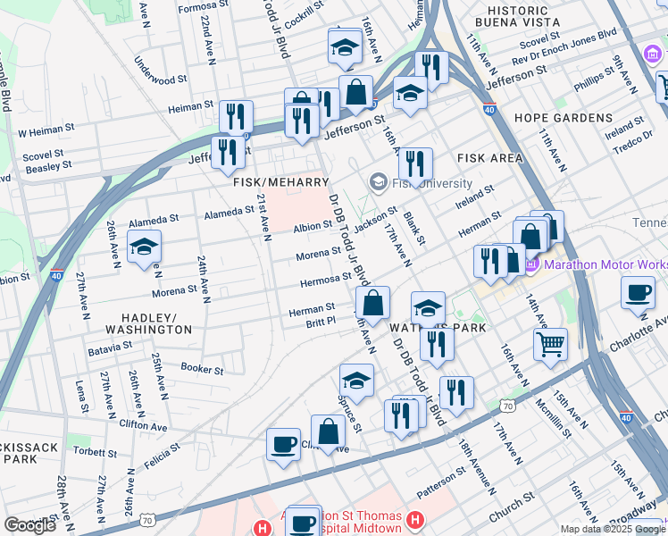 map of restaurants, bars, coffee shops, grocery stores, and more near 919 Doctor DB Todd Junior Boulevard in Nashville