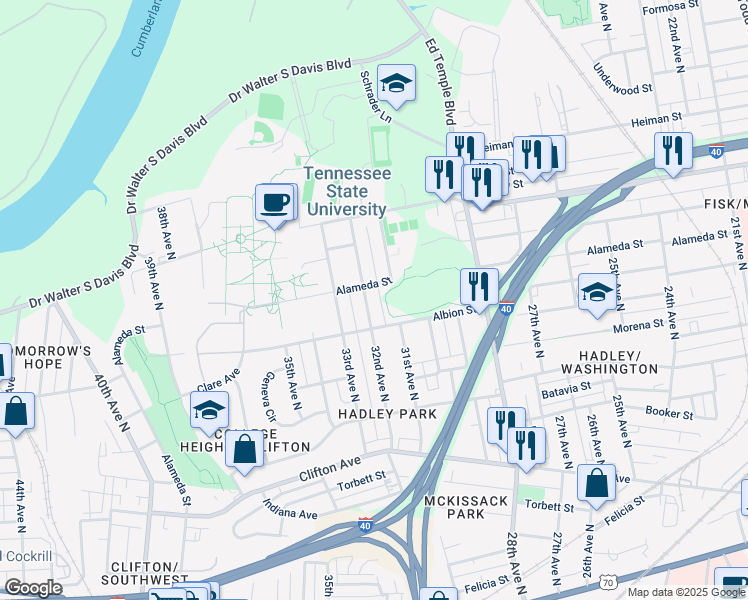 map of restaurants, bars, coffee shops, grocery stores, and more near 3107 Alameda Street in Nashville