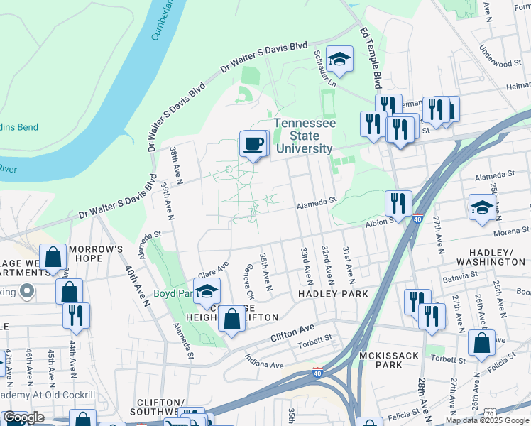 map of restaurants, bars, coffee shops, grocery stores, and more near Alameda St in Nashville