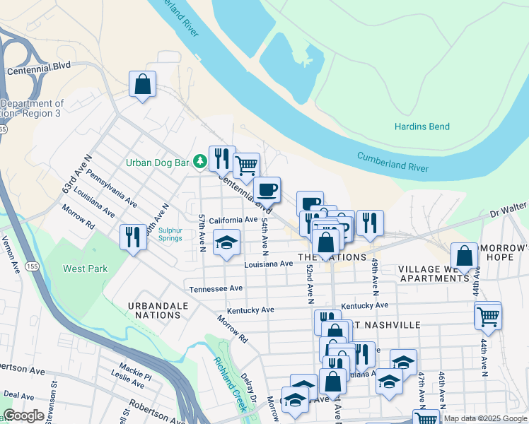 map of restaurants, bars, coffee shops, grocery stores, and more near 5320 Centennial Boulevard in Nashville