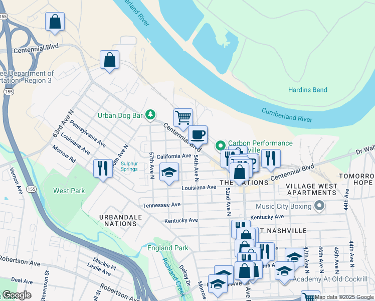 map of restaurants, bars, coffee shops, grocery stores, and more near 5501A New York Avenue in Nashville