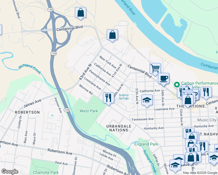 map of restaurants, bars, coffee shops, grocery stores, and more near 6016 Pennsylvania Avenue in Nashville