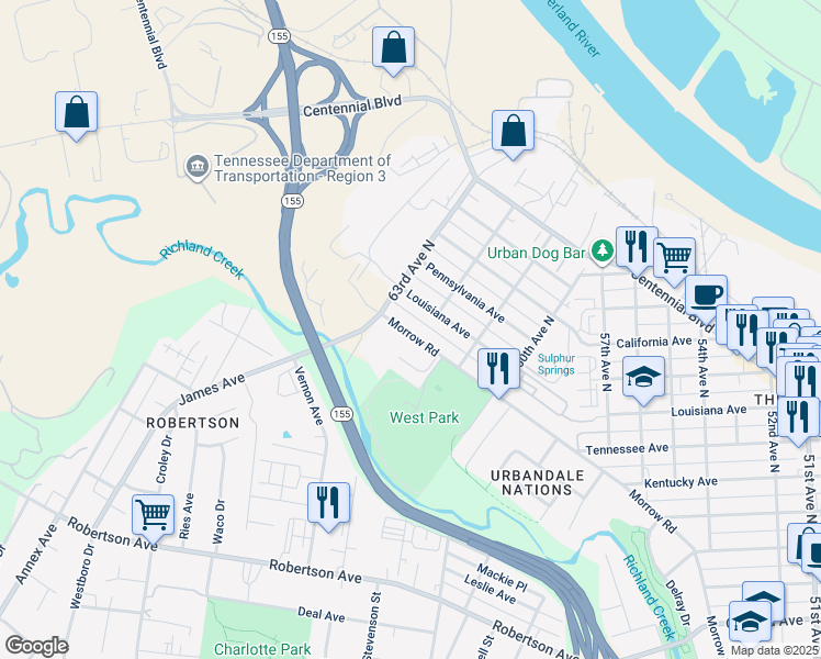 map of restaurants, bars, coffee shops, grocery stores, and more near 6214 Morrow Road in Nashville
