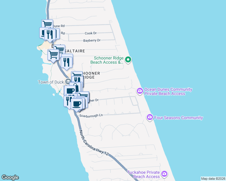 map of restaurants, bars, coffee shops, grocery stores, and more near 136 Rakiock Court in Duck