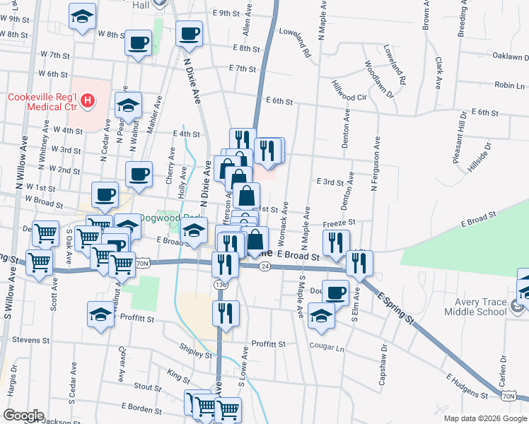 map of restaurants, bars, coffee shops, grocery stores, and more near 105 Davis Avenue in Cookeville