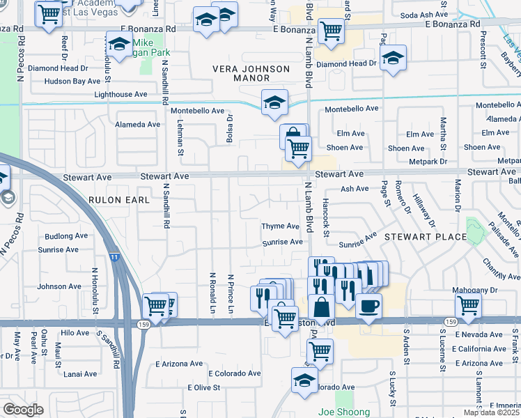 map of restaurants, bars, coffee shops, grocery stores, and more near 221 North Lamb Boulevard in Las Vegas