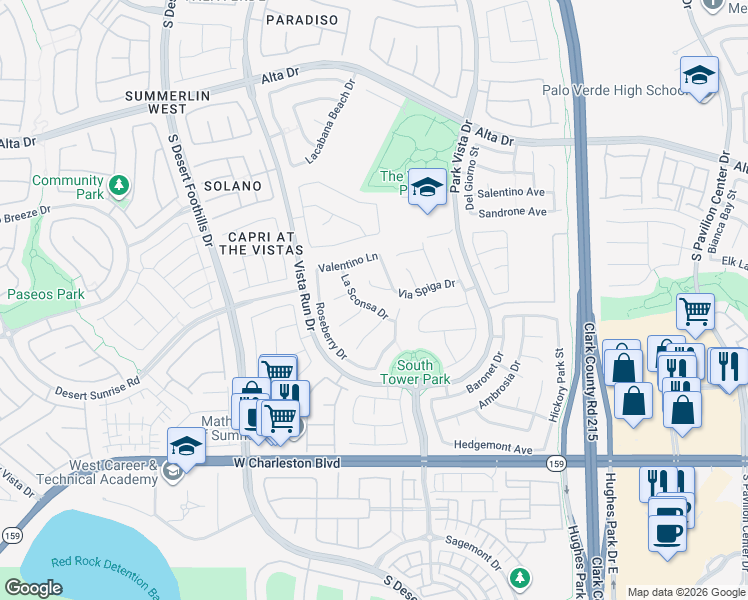 map of restaurants, bars, coffee shops, grocery stores, and more near 874 La Sconsa Drive in Las Vegas