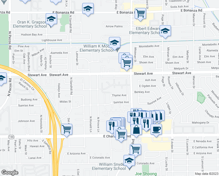 map of restaurants, bars, coffee shops, grocery stores, and more near 221 North Lamb Boulevard in Las Vegas
