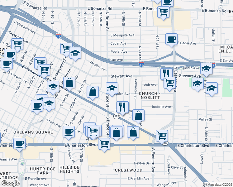 map of restaurants, bars, coffee shops, grocery stores, and more near 200 North 18th Street in Las Vegas