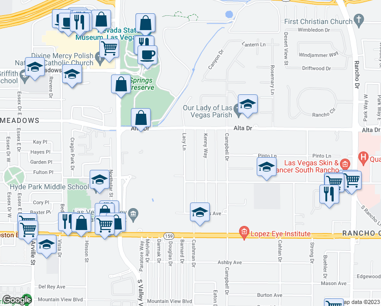 map of restaurants, bars, coffee shops, grocery stores, and more near 639 Lacy Lane in Las Vegas