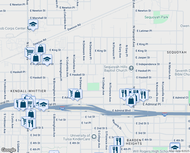 map of restaurants, bars, coffee shops, grocery stores, and more near 2835 East Haskell Street in Tulsa