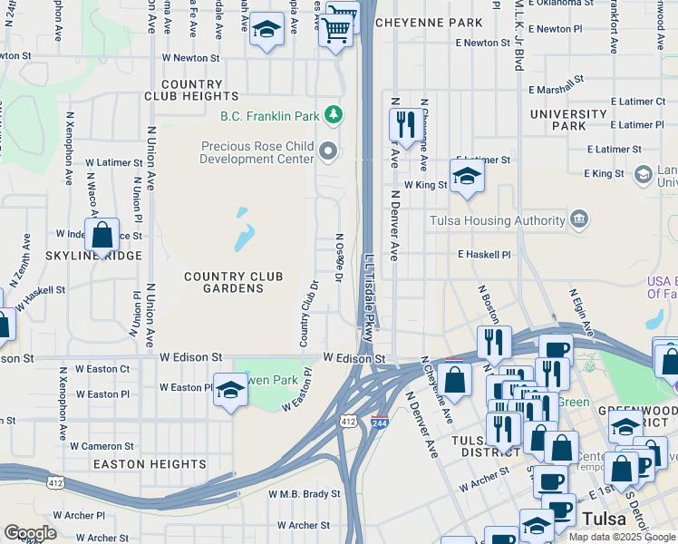 map of restaurants, bars, coffee shops, grocery stores, and more near 711 North Osage Drive in Tulsa