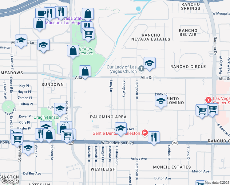 map of restaurants, bars, coffee shops, grocery stores, and more near 639 Lacy Lane in Las Vegas