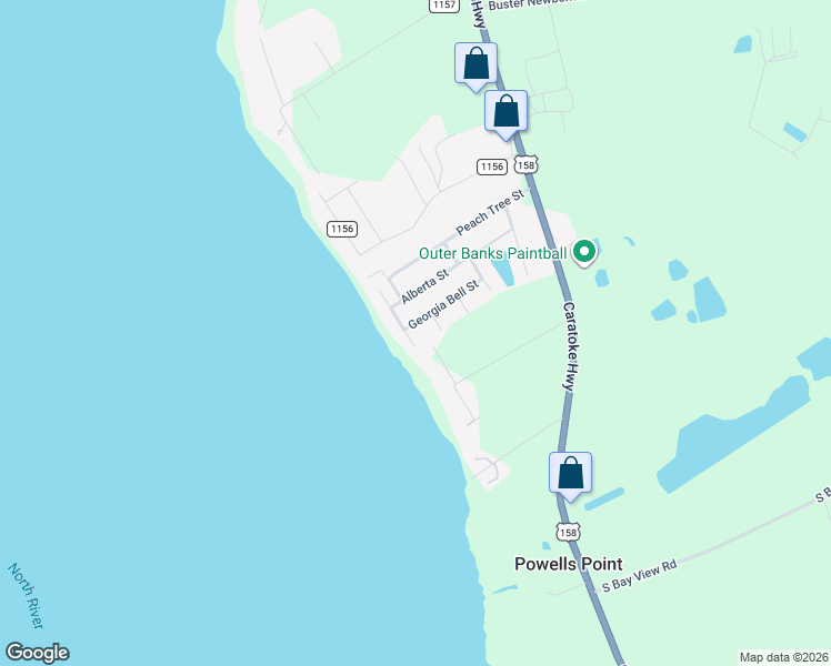 map of restaurants, bars, coffee shops, grocery stores, and more near 123 Georgia Bell Street in Jarvisburg