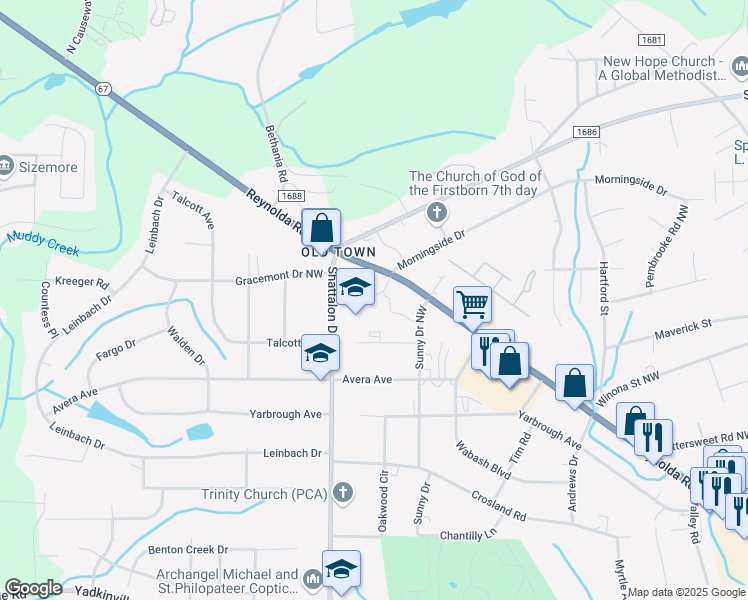 map of restaurants, bars, coffee shops, grocery stores, and more near 3930 Reynolda Road in Winston-Salem