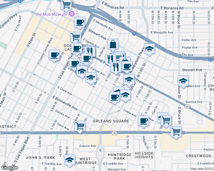 map of restaurants, bars, coffee shops, grocery stores, and more near 221 South 10th Street in Las Vegas