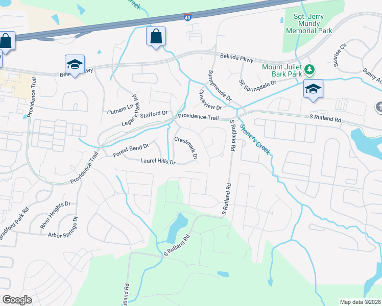 map of restaurants, bars, coffee shops, grocery stores, and more near 711 Crestmark Drive in Mt. Juliet