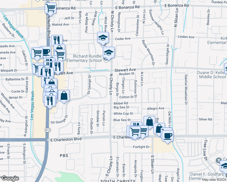 map of restaurants, bars, coffee shops, grocery stores, and more near 300 North Christy Lane in Las Vegas
