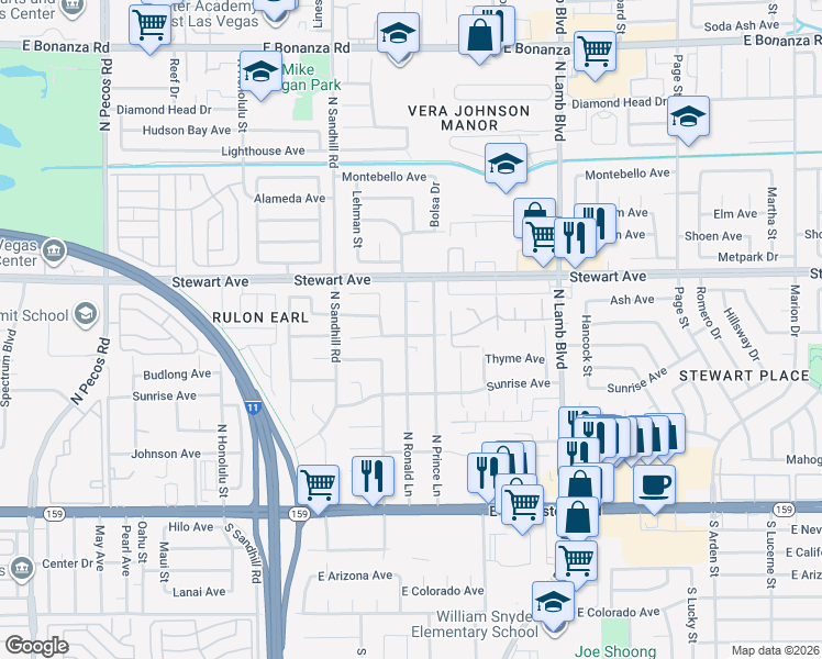 map of restaurants, bars, coffee shops, grocery stores, and more near 308 North Ronald Lane in Las Vegas