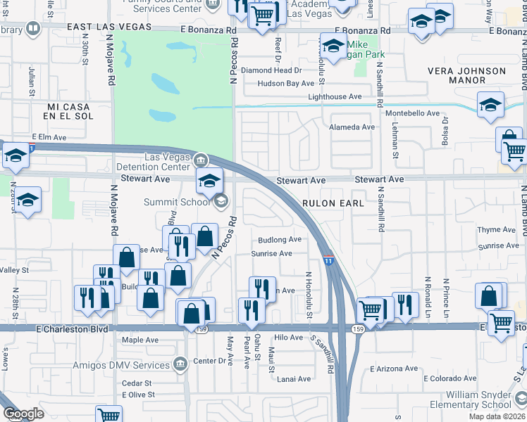map of restaurants, bars, coffee shops, grocery stores, and more near 200 North Pecos Road in Las Vegas