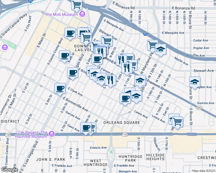 map of restaurants, bars, coffee shops, grocery stores, and more near 223 South 9th Street in Las Vegas