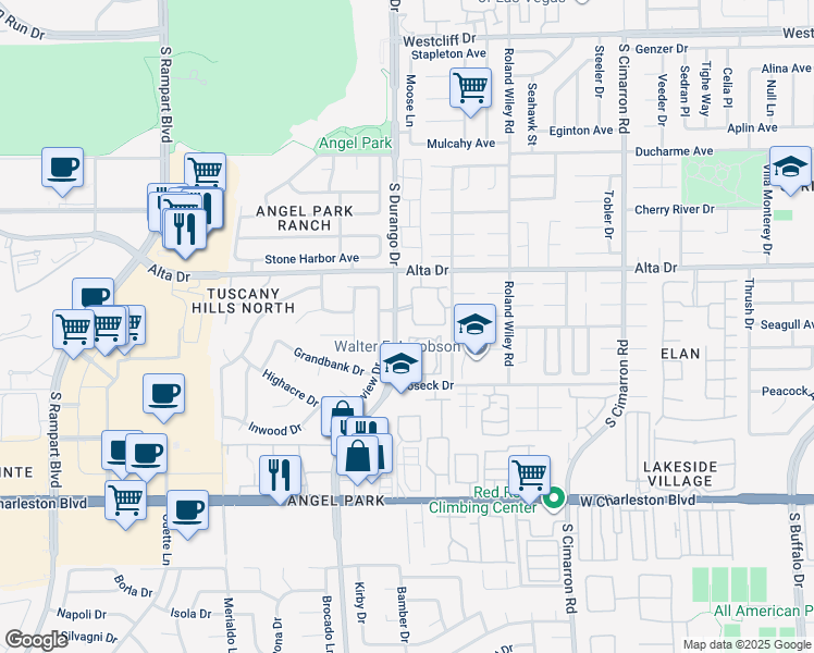 map of restaurants, bars, coffee shops, grocery stores, and more near 500 South Durango Drive in Las Vegas